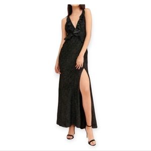 Revolve Ellejay Black Pin Dot Sonja Velvet Slit-Hem Surplice Dress Sz Large NWOT